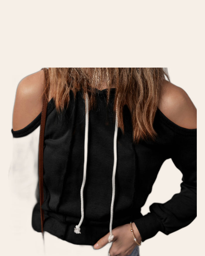 Cold Shoulder Drawstring Hoodie