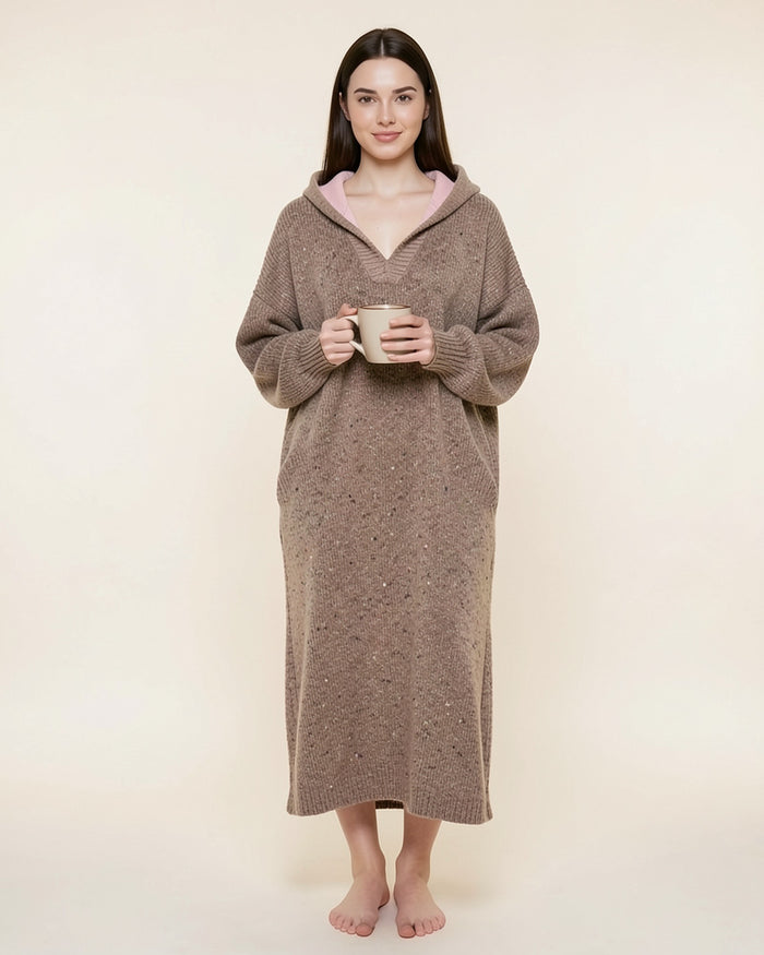 Cozy Knit V-Neck Hoodie Dress
