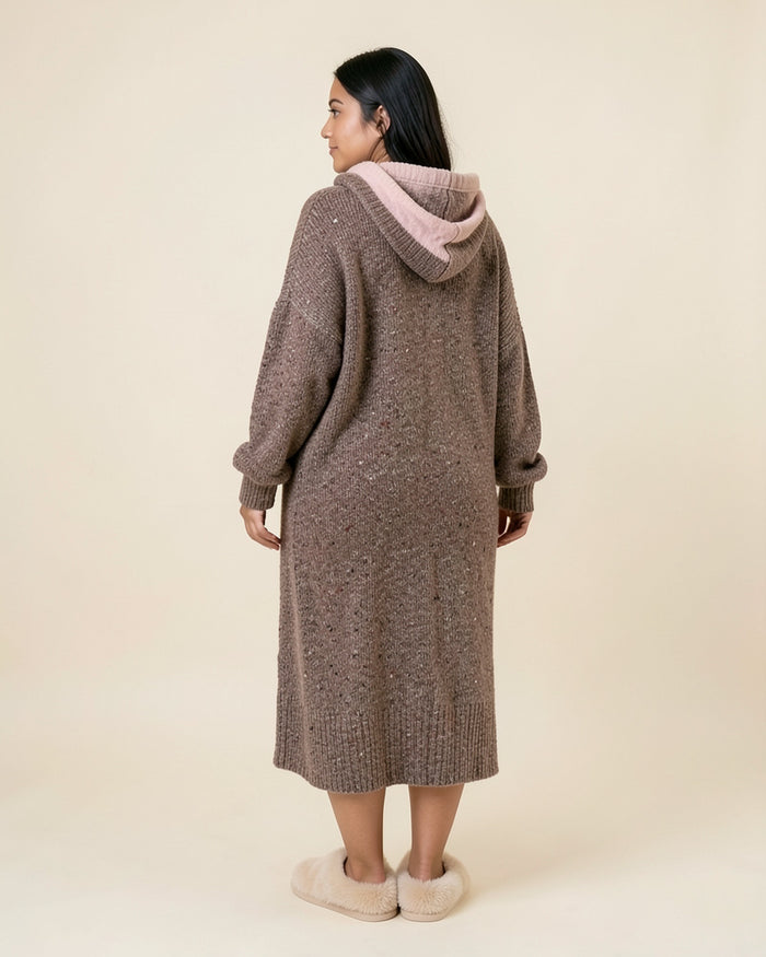 Cozy Knit V-Neck Hoodie Dress
