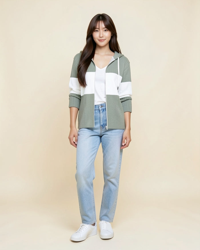Ribbed Color-Block Zip Cardigan