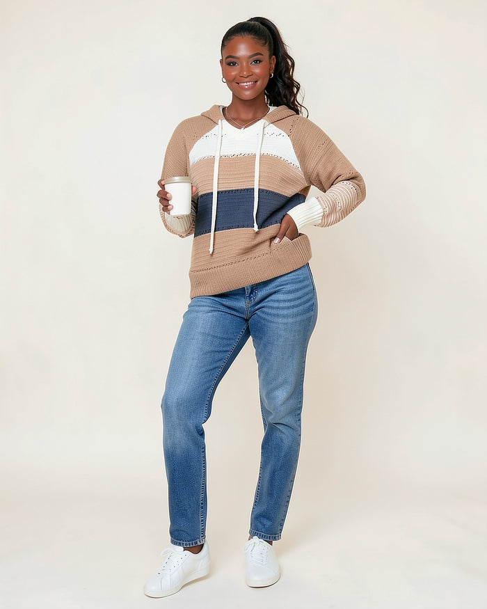 Color-Block Knit Hoodie Sweater