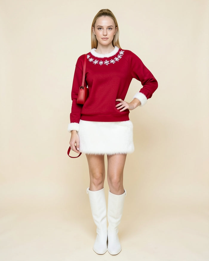 Snowflake Faux Fur Cuff Sweater