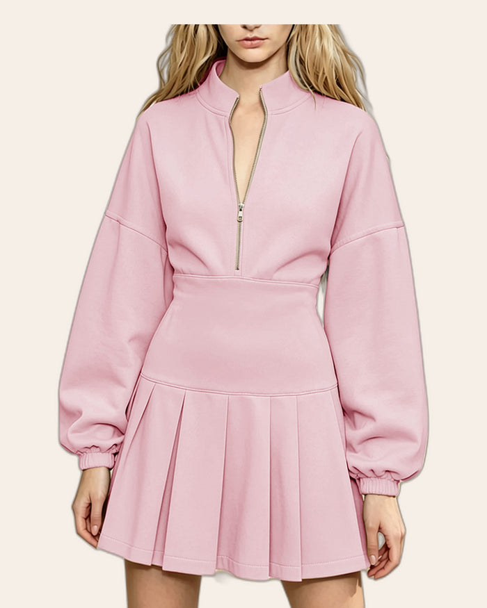 Pleated Half-Zip Hoodie Dress