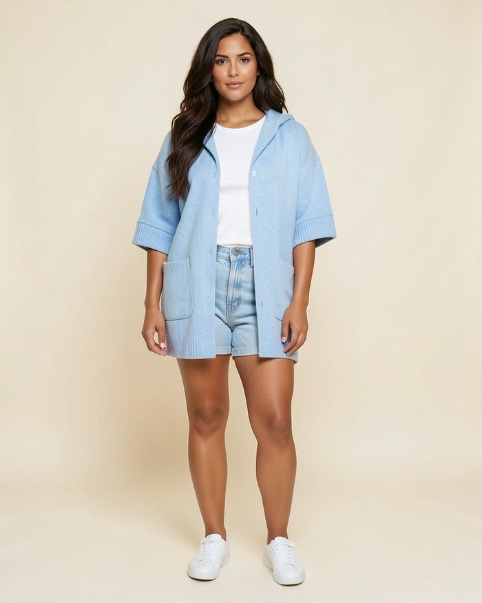 Short Sleeve Knit Hooded Cardigan