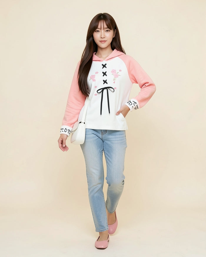 Lace-Up Bow Two-Tone Hoodie