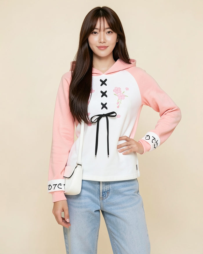 Lace-Up Bow Two-Tone Hoodie