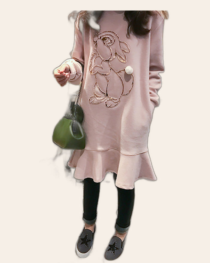 Embroidered Bunny Ruffle Sweater Dress
