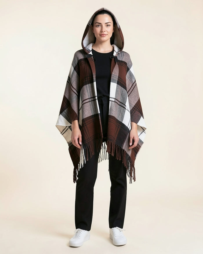 Plaid Fringe Hooded Poncho