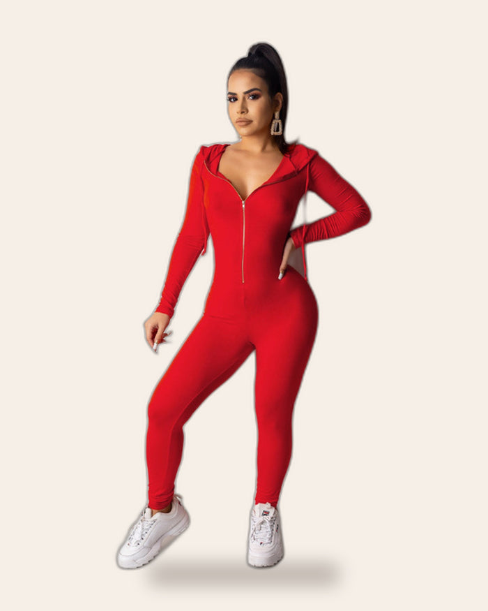 Plunge Zip Hooded Jumpsuit