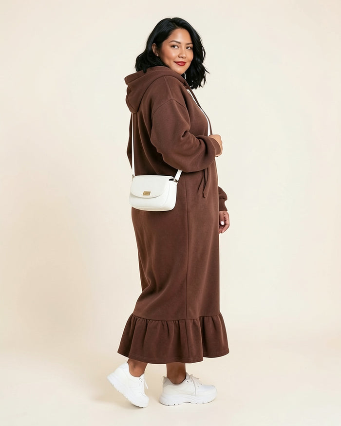 Ruffle Hem Fleece Maxi Hoodie Dress