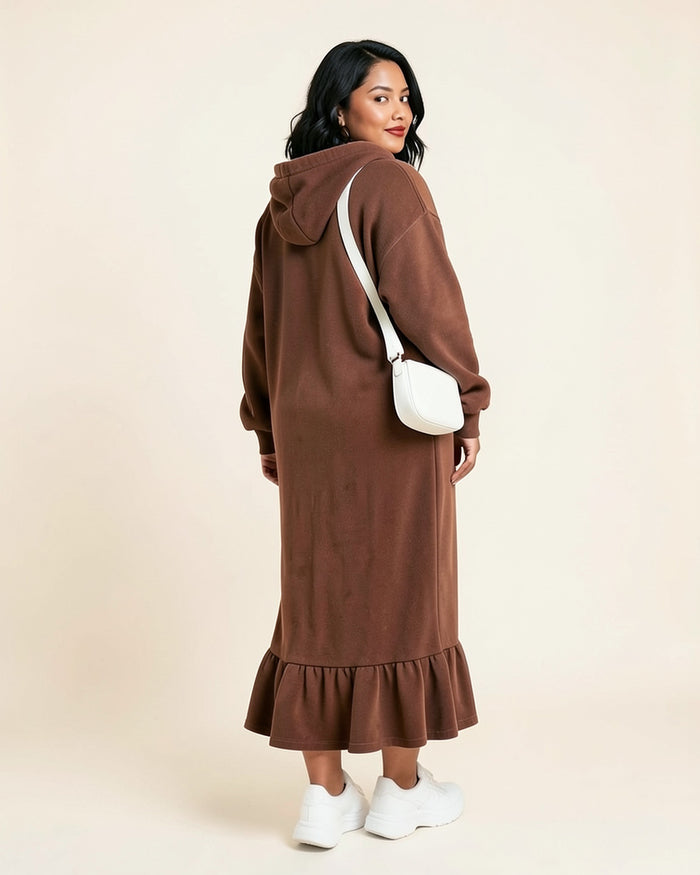 Ruffle Hem Fleece Maxi Hoodie Dress