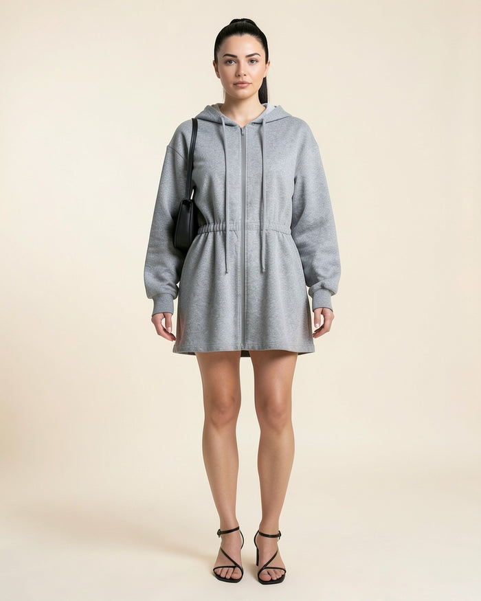 Cinched Waist Zip Hoodie Dress