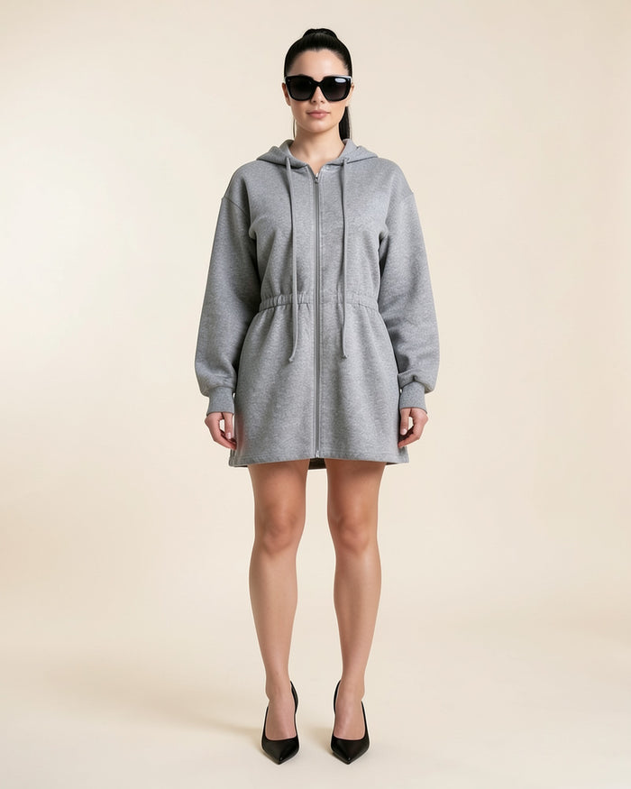 Cinched Waist Zip Hoodie Dress