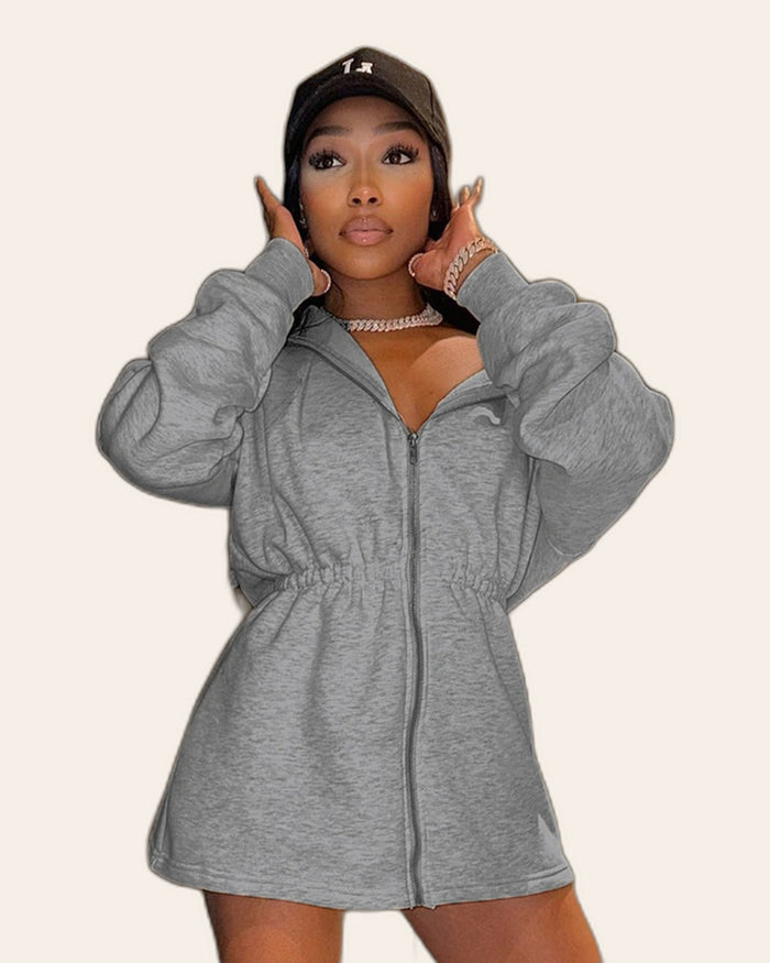 Cinched Waist Zip Hoodie Dress