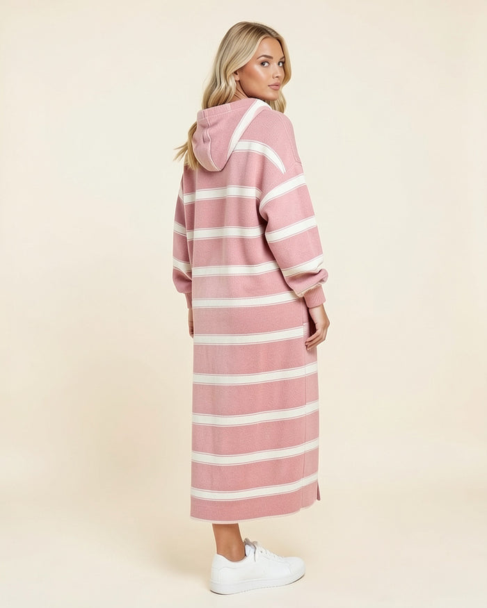 Striped Half-Zip Maxi Hoodie Dress