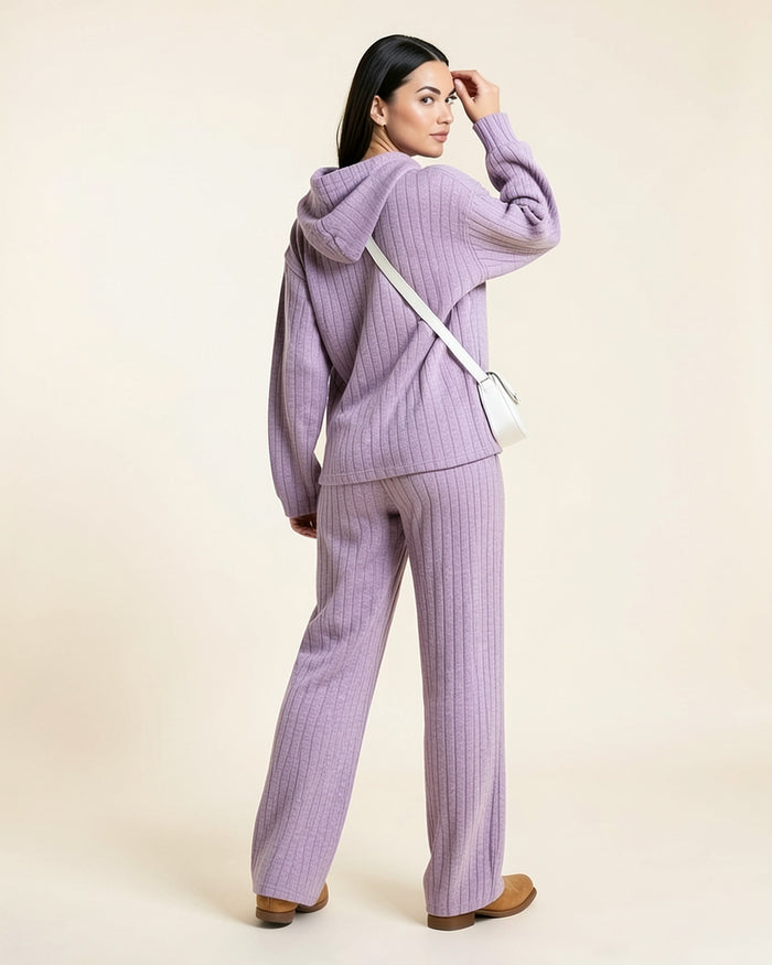 Ribbed Hoodie & Wide-Leg Pants Set
