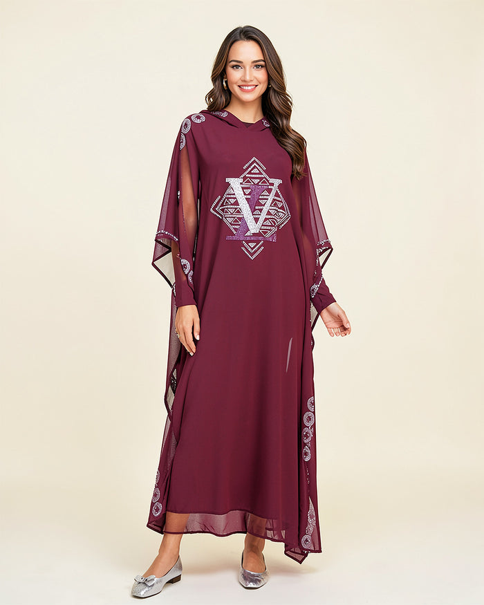 Rhinestone Chiffon Cape Hoodie Dress