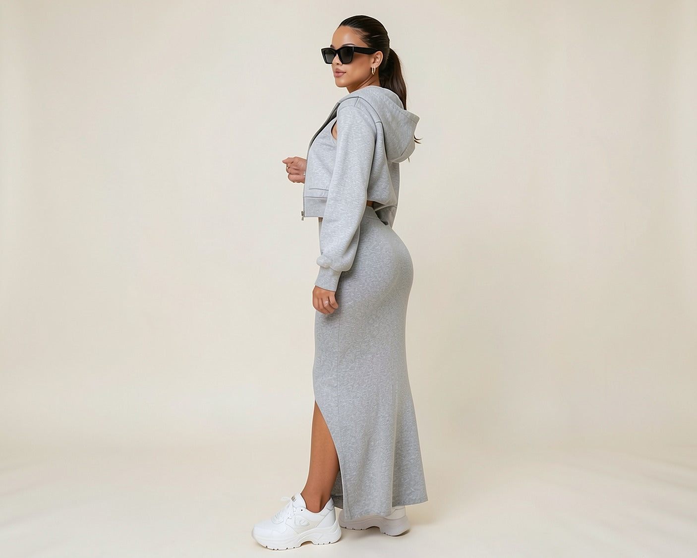 Woman wearing the Cropped Zip Hoodie & Maxi Dress Set