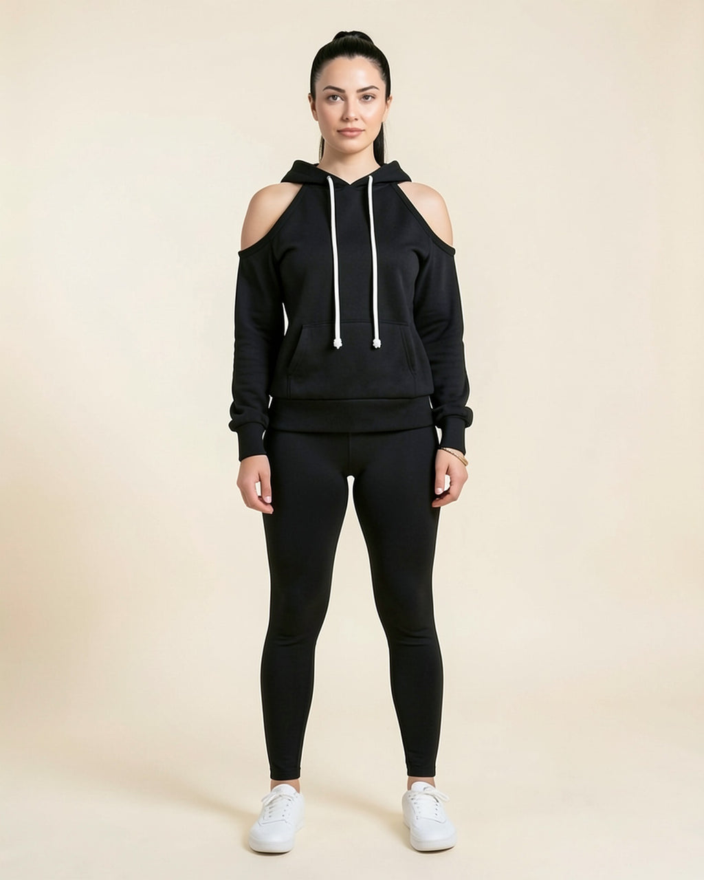 Cold Shoulder Drawstring Hoodie