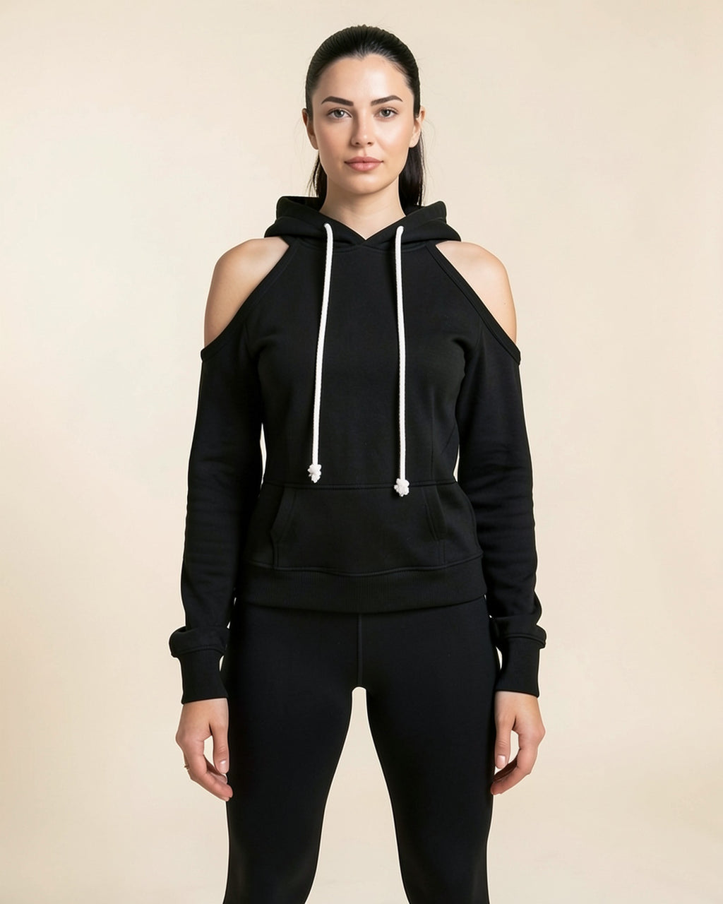 Cold Shoulder Drawstring Hoodie