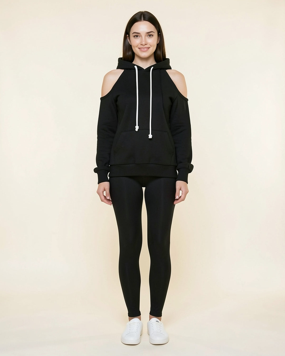 Cold Shoulder Drawstring Hoodie