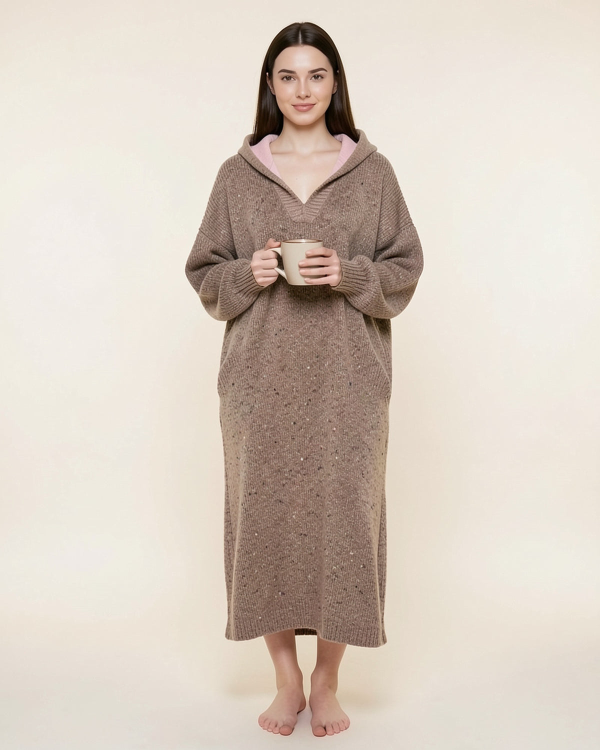 Cozy Knit V-Neck Hoodie Dress