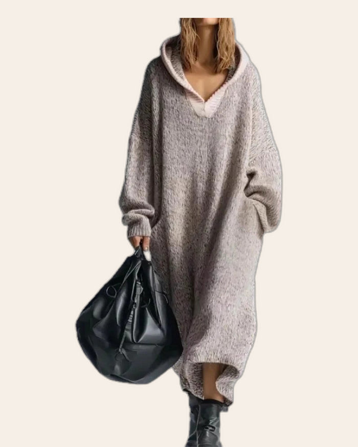 Cozy Knit V-Neck Hoodie Dress