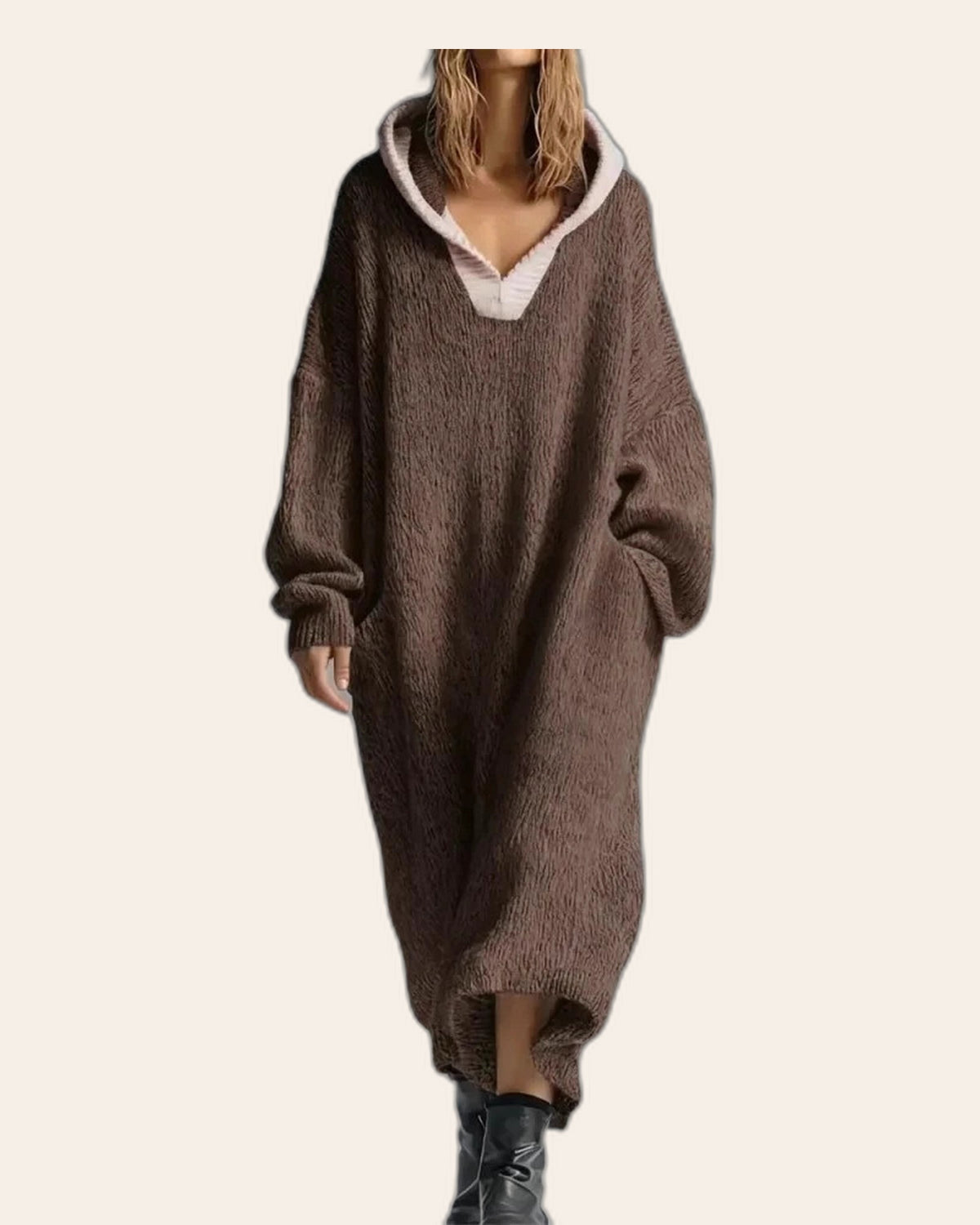 Cozy Knit V-Neck Hoodie Dress