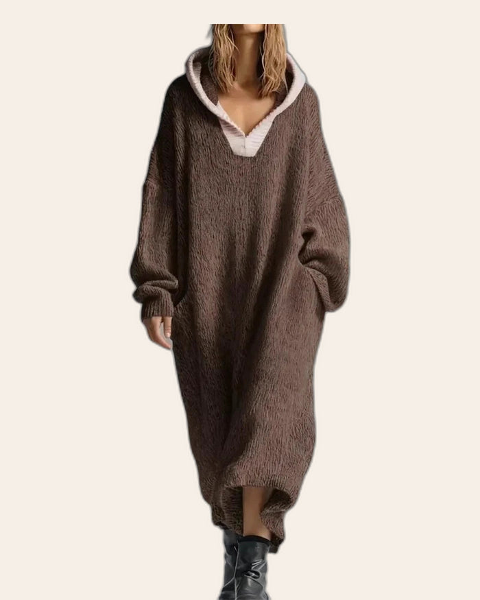 Cozy Knit V-Neck Hoodie Dress