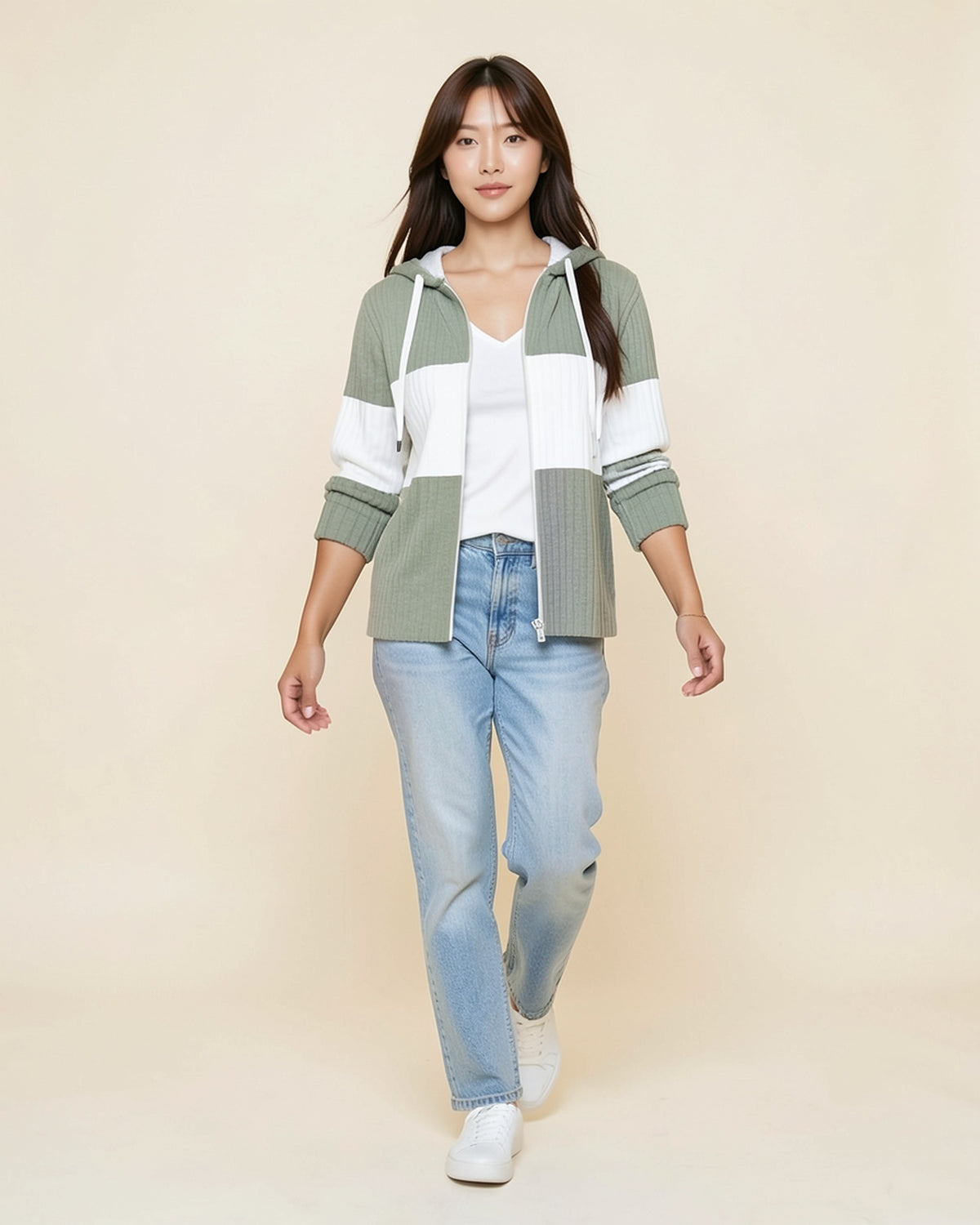 Ribbed Color-Block Zip Cardigan