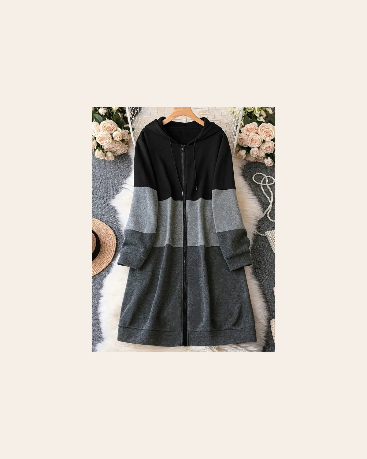 Color-Block Longline Zip Hoodie Coat