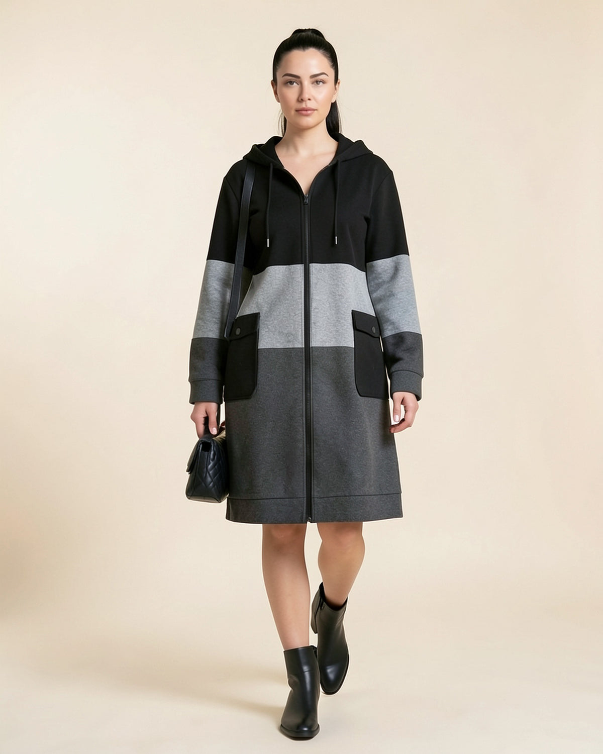 Color-Block Longline Zip Hoodie Coat