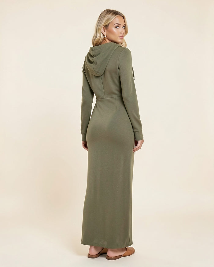 Plunge Zip Maxi Hoodie Dress