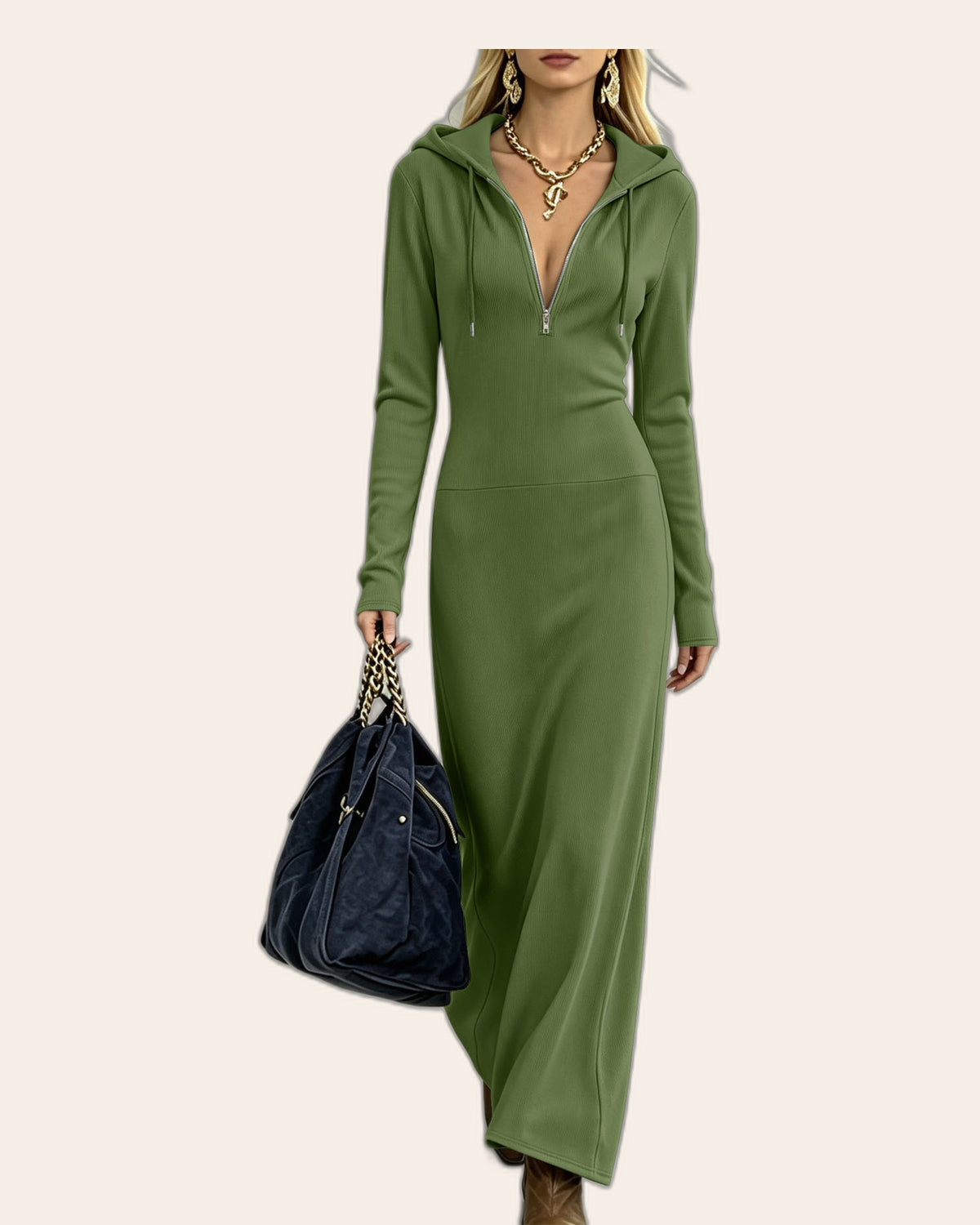 Plunge Zip Maxi Hoodie Dress