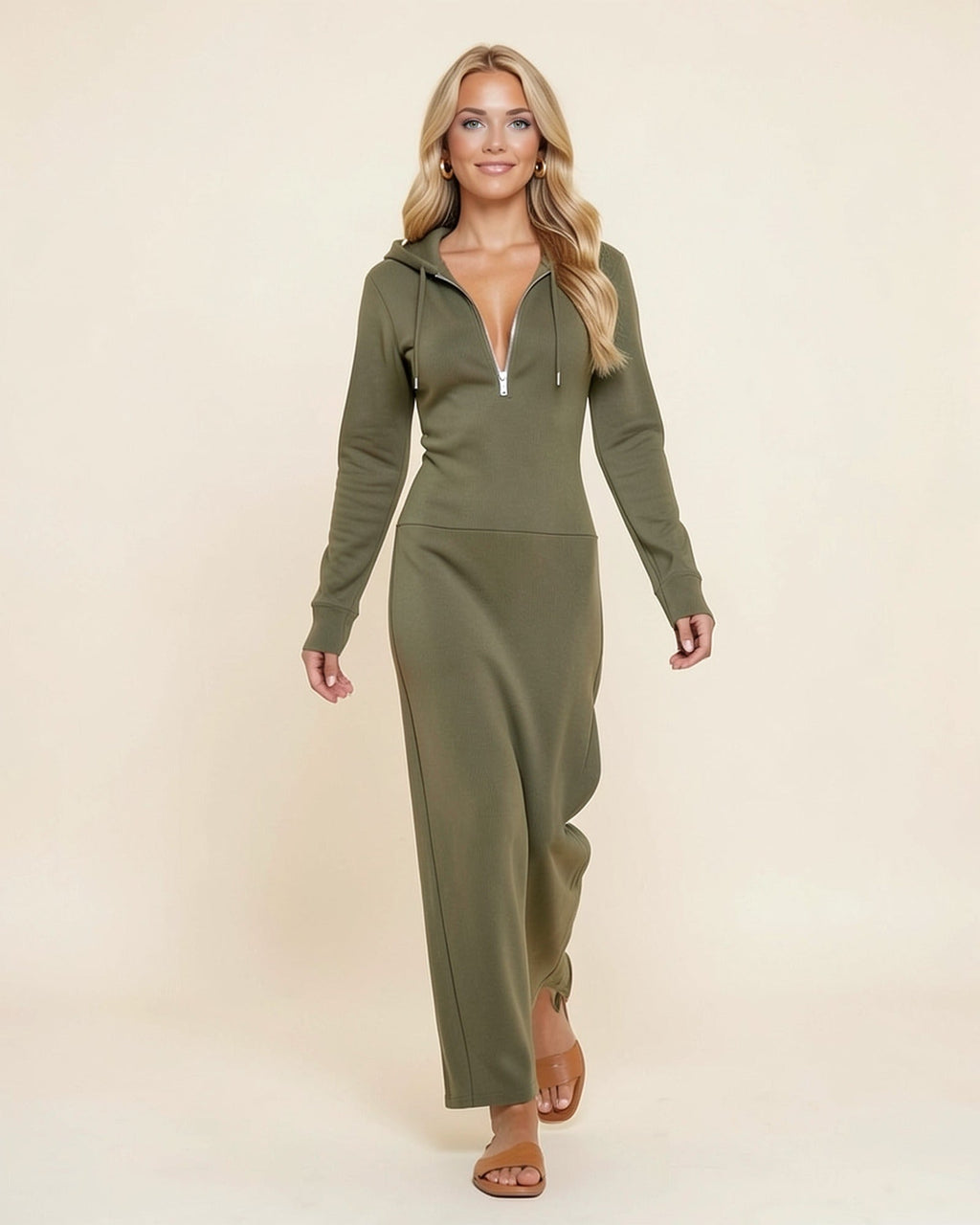 Plunge Zip Maxi Hoodie Dress