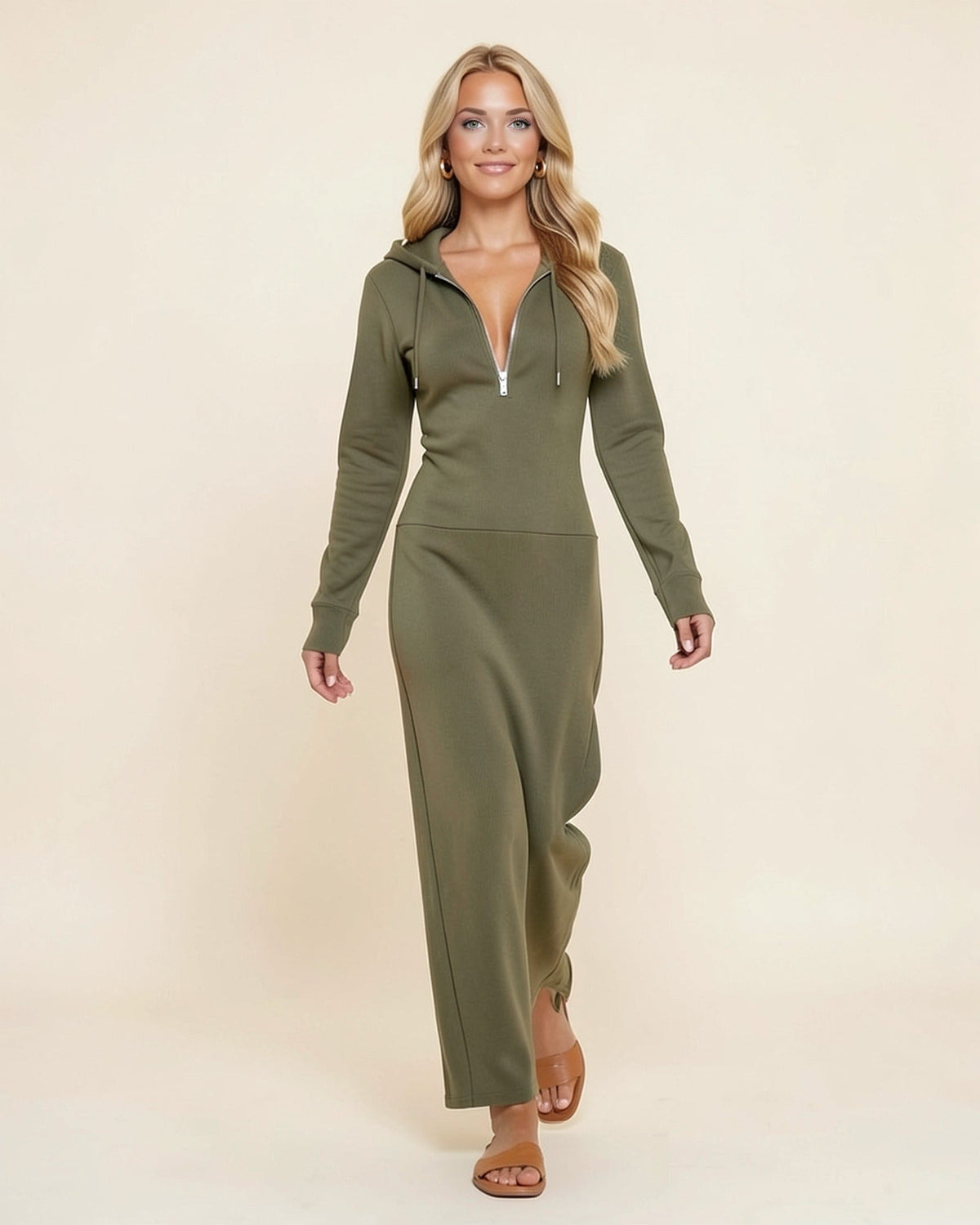 Plunge Zip Maxi Hoodie Dress