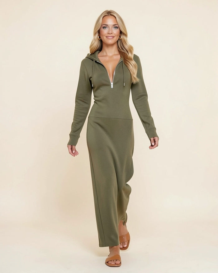 Plunge Zip Maxi Hoodie Dress