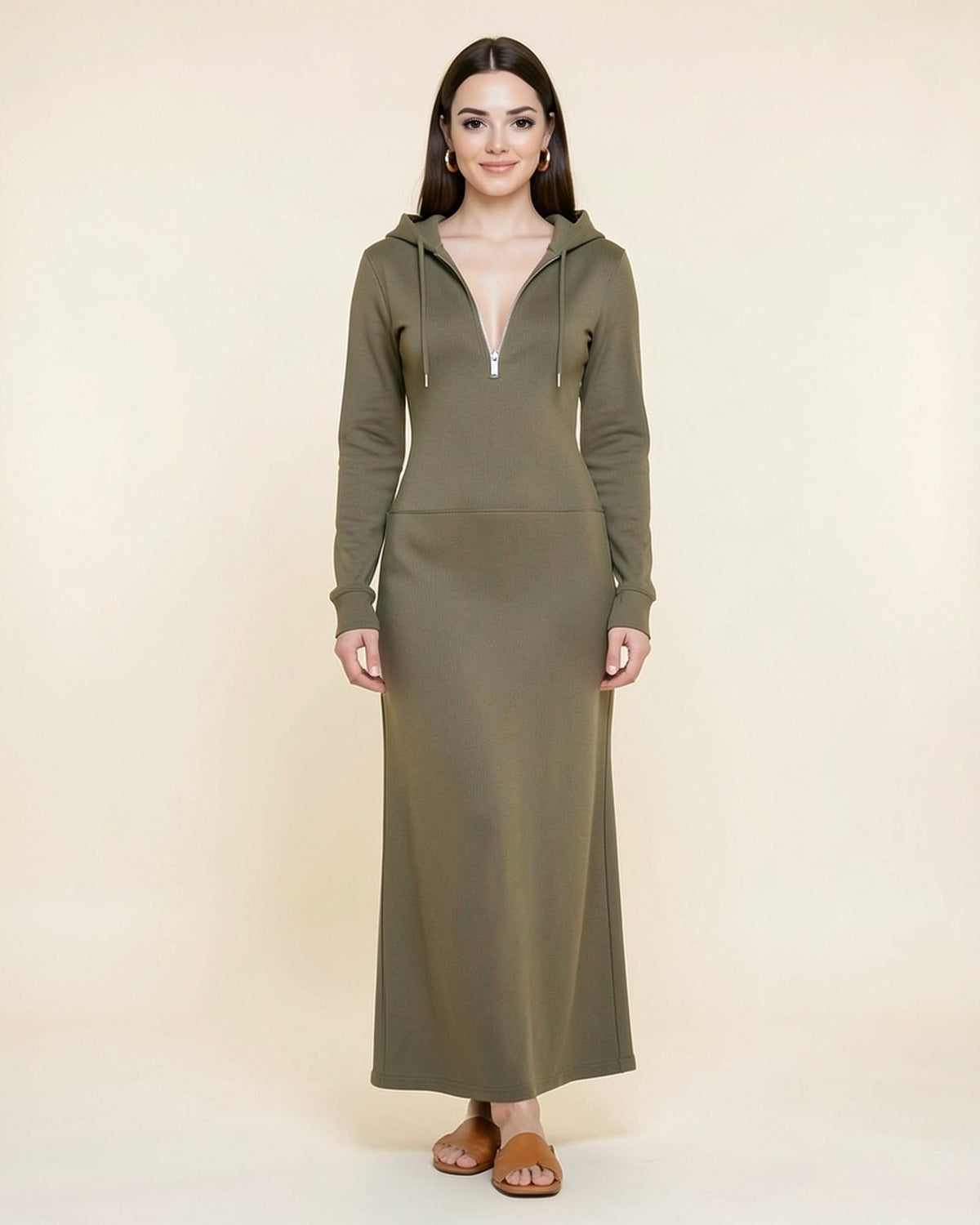 Plunge Zip Maxi Hoodie Dress
