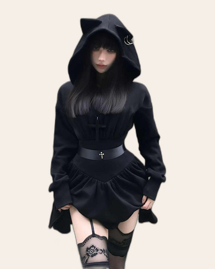 Gothic Cat Ear Hoodie Dress