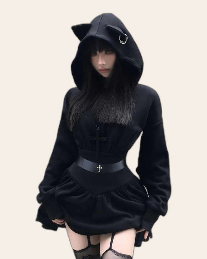 Gothic Cat Ear Hoodie Dress