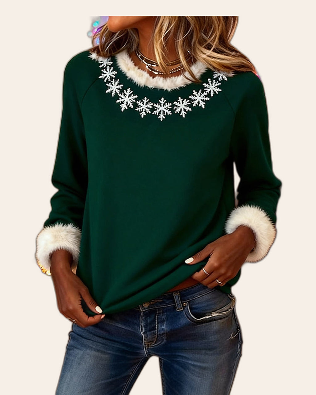 Snowflake Faux Fur Cuff Sweater