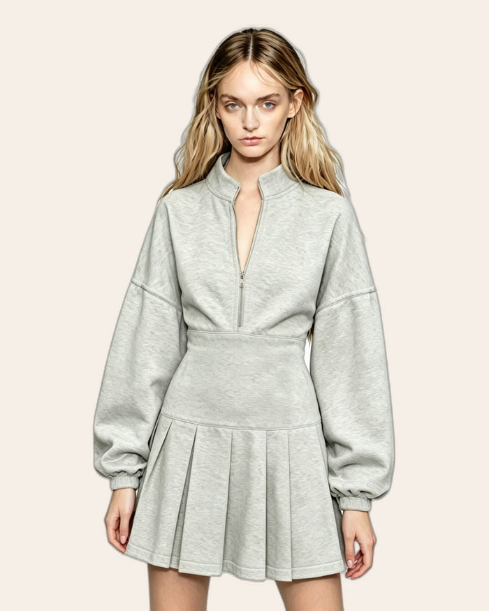 Pleated Half-Zip Hoodie Dress