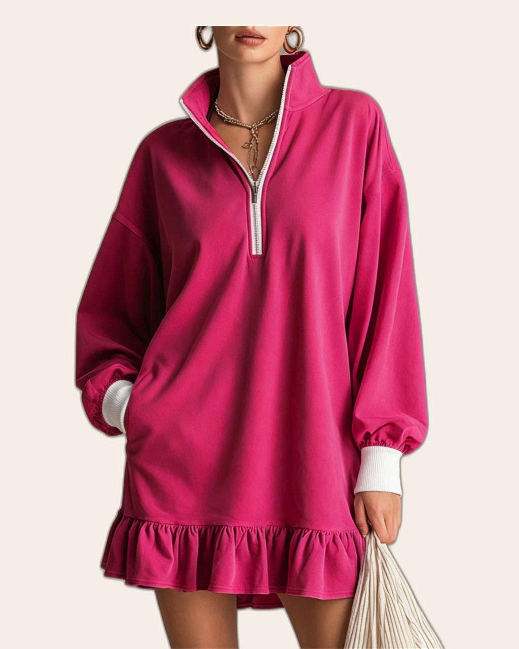 Ruffle Half-Zip Hoodie Dress