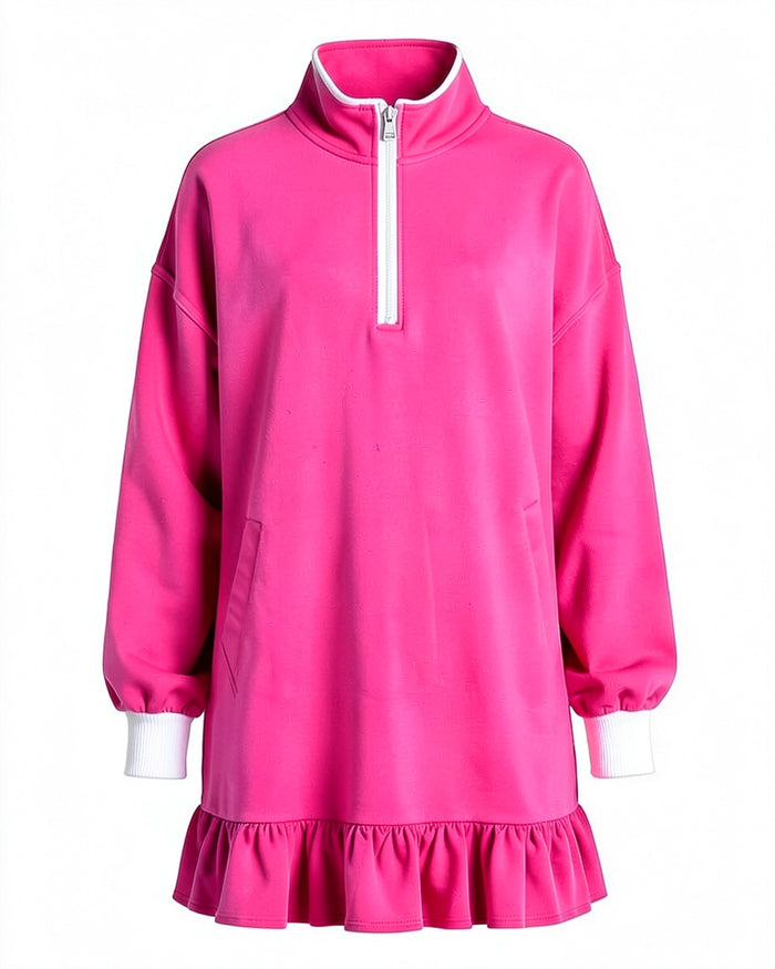 Ruffle Half-Zip Hoodie Dress
