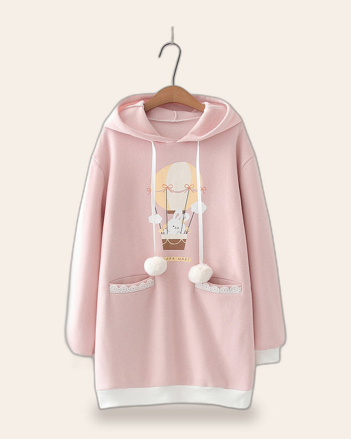 Bunny Ears Pom-Pom Hoodie Dress