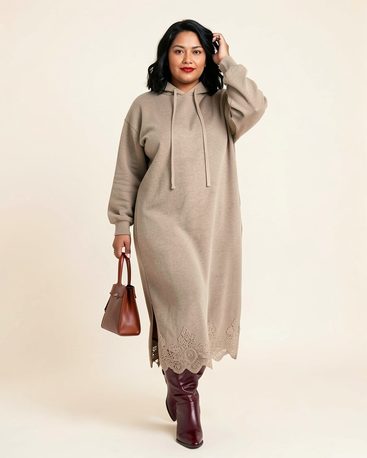Lace Hem Maxi Hoodie Dress (Plus)