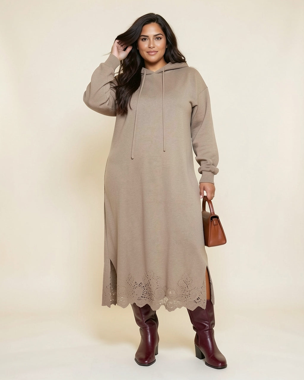 Lace Hem Maxi Hoodie Dress (Plus)