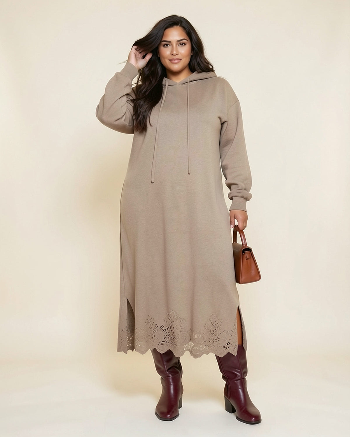 Lace Hem Maxi Hoodie Dress (Plus)