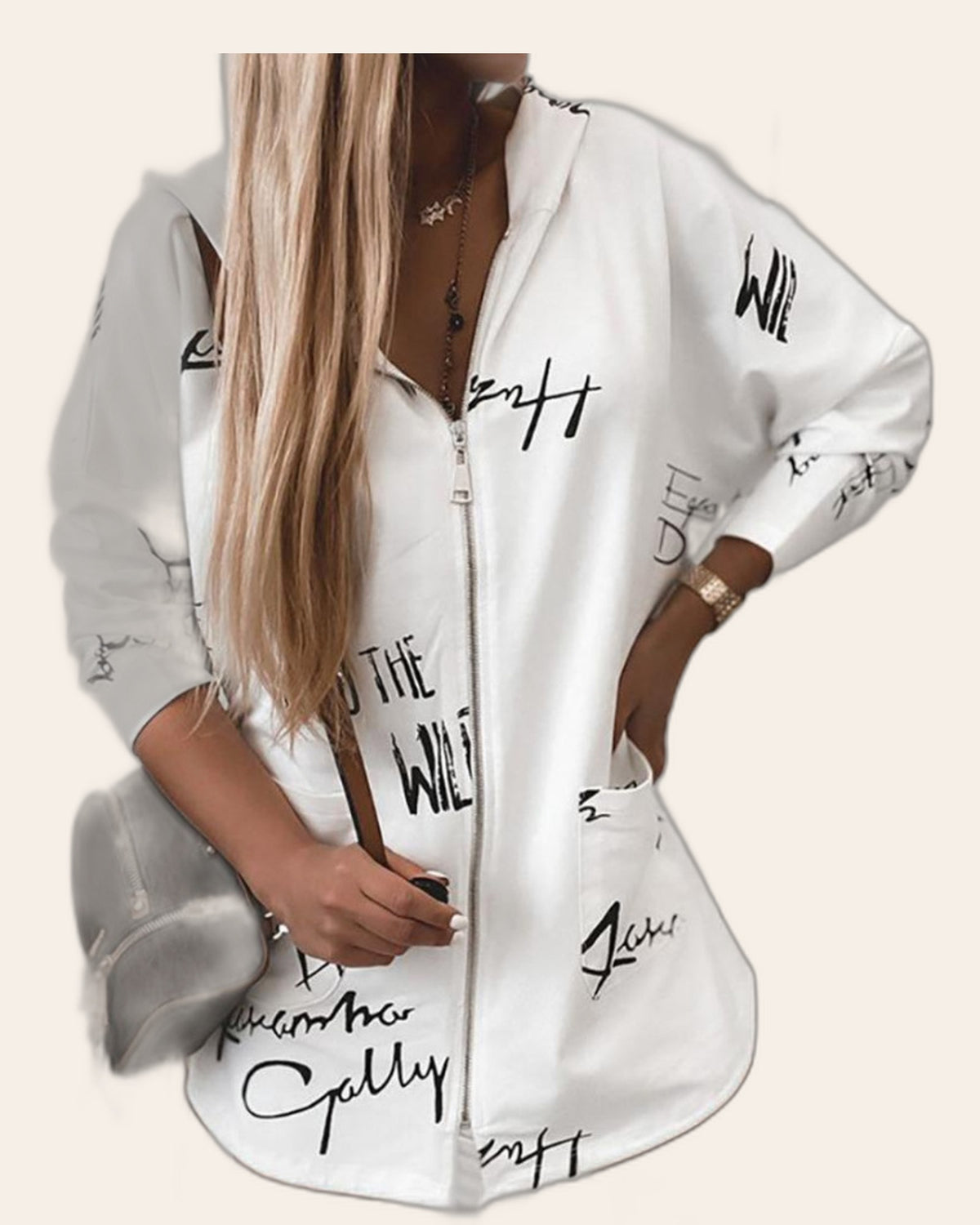Script Print Zip Hoodie Dress