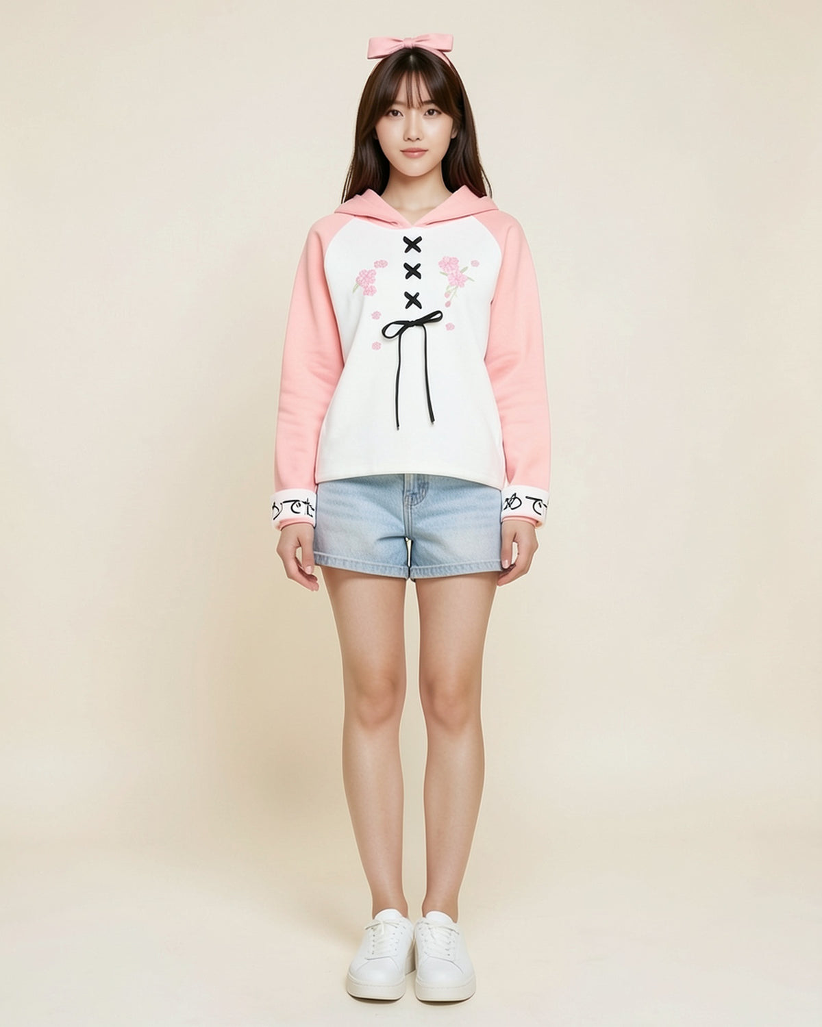 Lace-Up Bow Two-Tone Hoodie